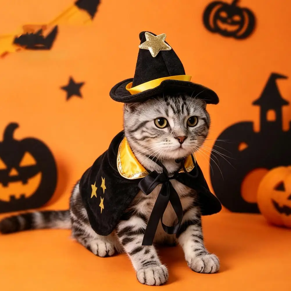 Pet Halloween Costume Cat Costume Halloween Cat Witch Costume Set Black Moon Star Cloak Pointed Hat Festive Pet Outfit for Small