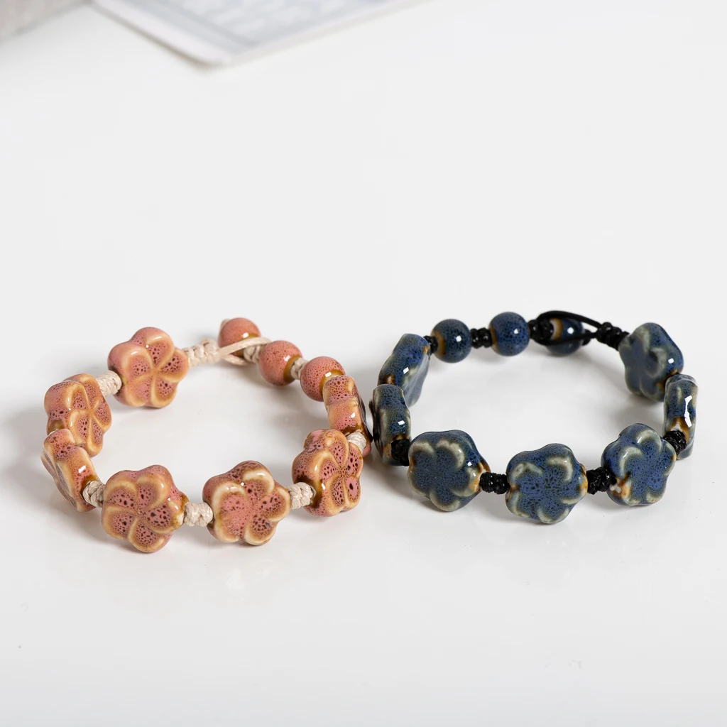 Handmade Ceramic Flower Bracelet 16–18cm Adjustable Cord Jewelry with Pink or Purple Glazed Beads for DIY Boho Style S02-057 view 4