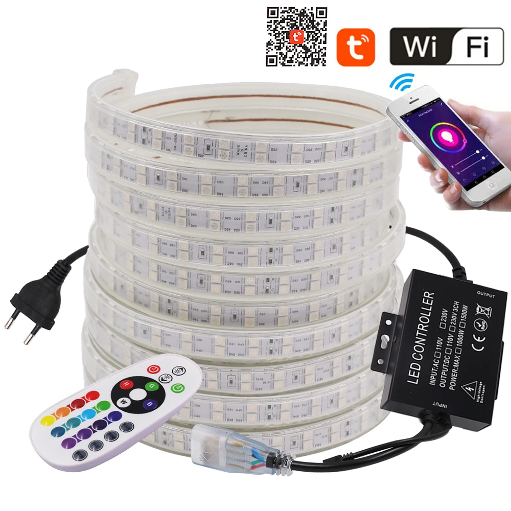 

220V WiFi RGB LED Strip Light SMD5050 120Leds/m Double Row Ribbon 1500W Control Remote Flexible LED Tape Rope Wateproof Stripe