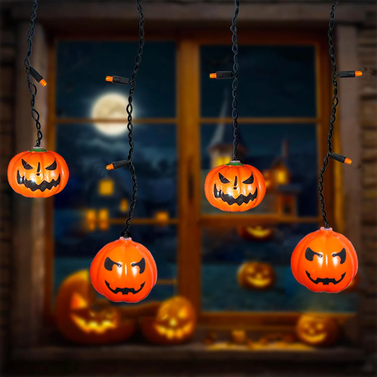 1pc LED Halloween Indoor Curtain String Lights With 10 Pumpkin and 25 Orange Mini Bulbs Ice Strip Light For Home Window Decor