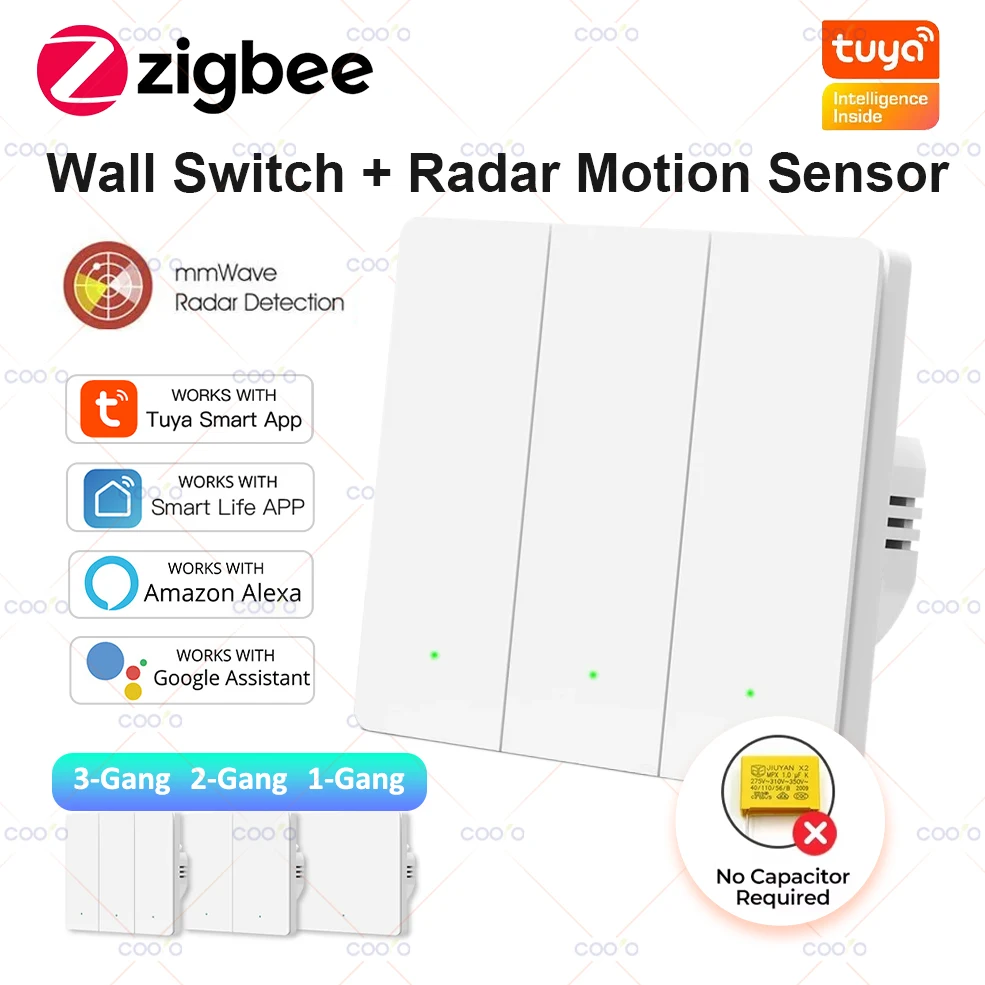 Умный выключатель света Tuya ZigBee с радарным датчиком движения, нейтральный провод, конденсатор не требуется, настенный выключатель работает с Alexa Google