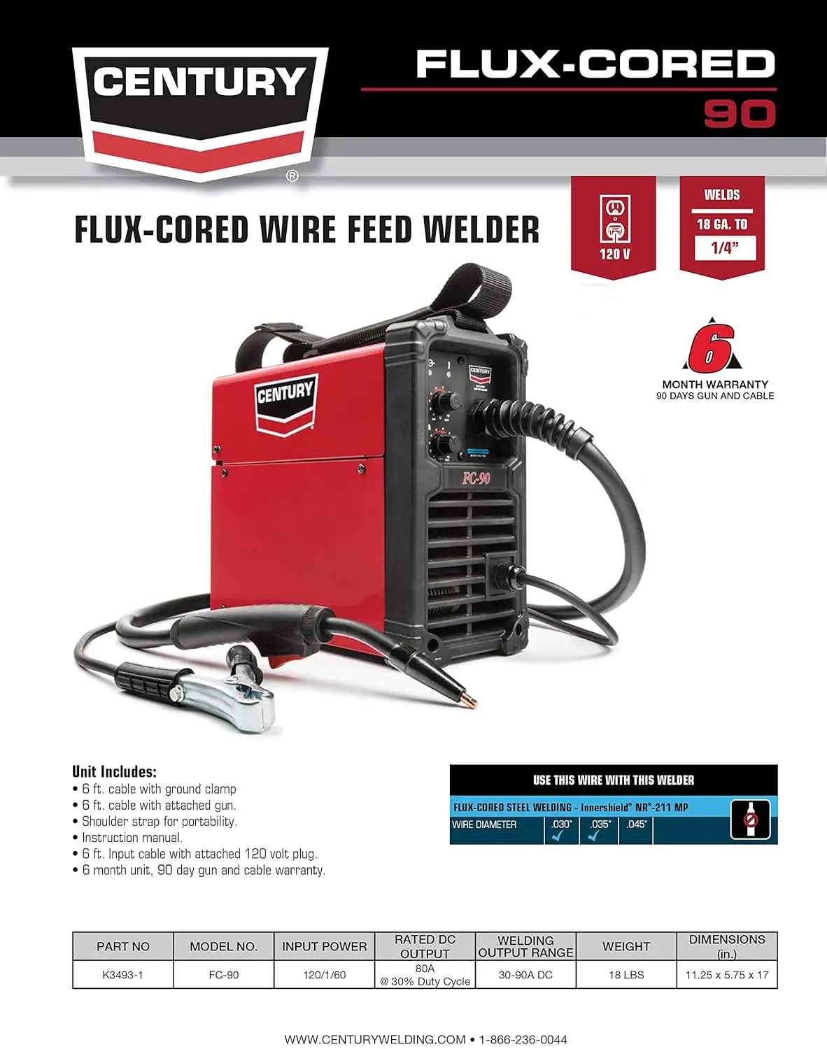 FC90 Flux Core Wire Feed Welder and Gun, 90 Amp, 120V, Inverter Power Source for Easy Operation, Portable Shoulder Strap