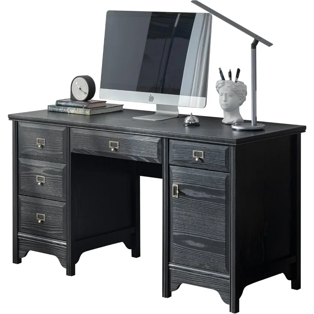 

55" Solid Wood Executive Desk, Farmhouse Office Computer Desk with 5 Drawers & Storage Cabinet, Wooden Writing Table for Home