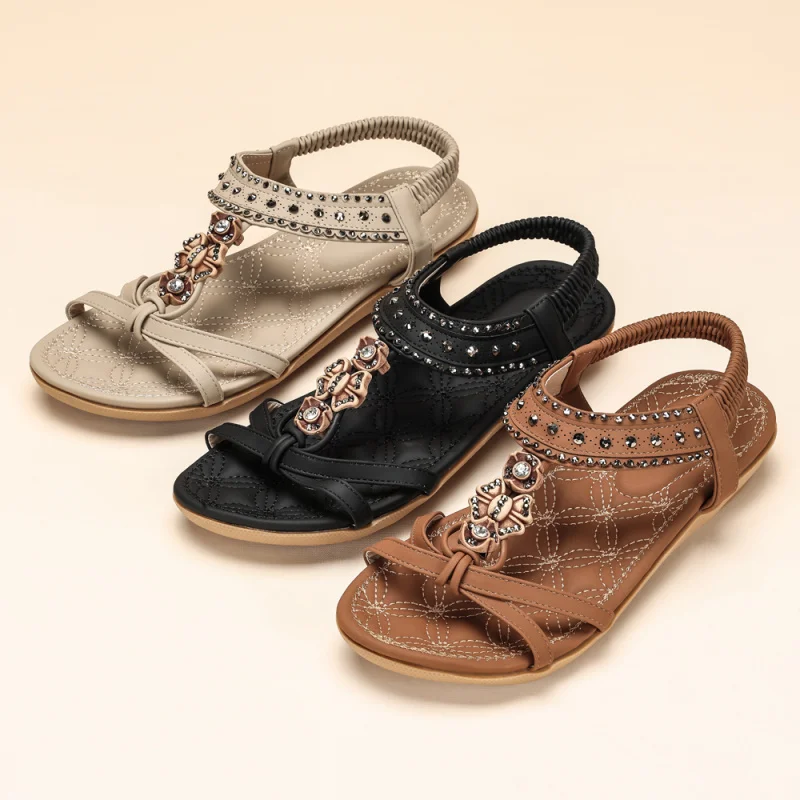 Sandalias de mujer Zapatos planos de estilo bohemio adecuados para zapatos de playa al aire libre Moda casual con tachuelas de diamantes con falda Negro Blanco