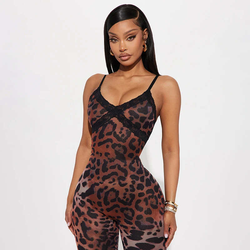 CUTENOVA nouveau femmes imprimé léopard dentelle garniture Patchwork Camisole combinaison moulante sept Points combinaison mode Streetwear barboteuse