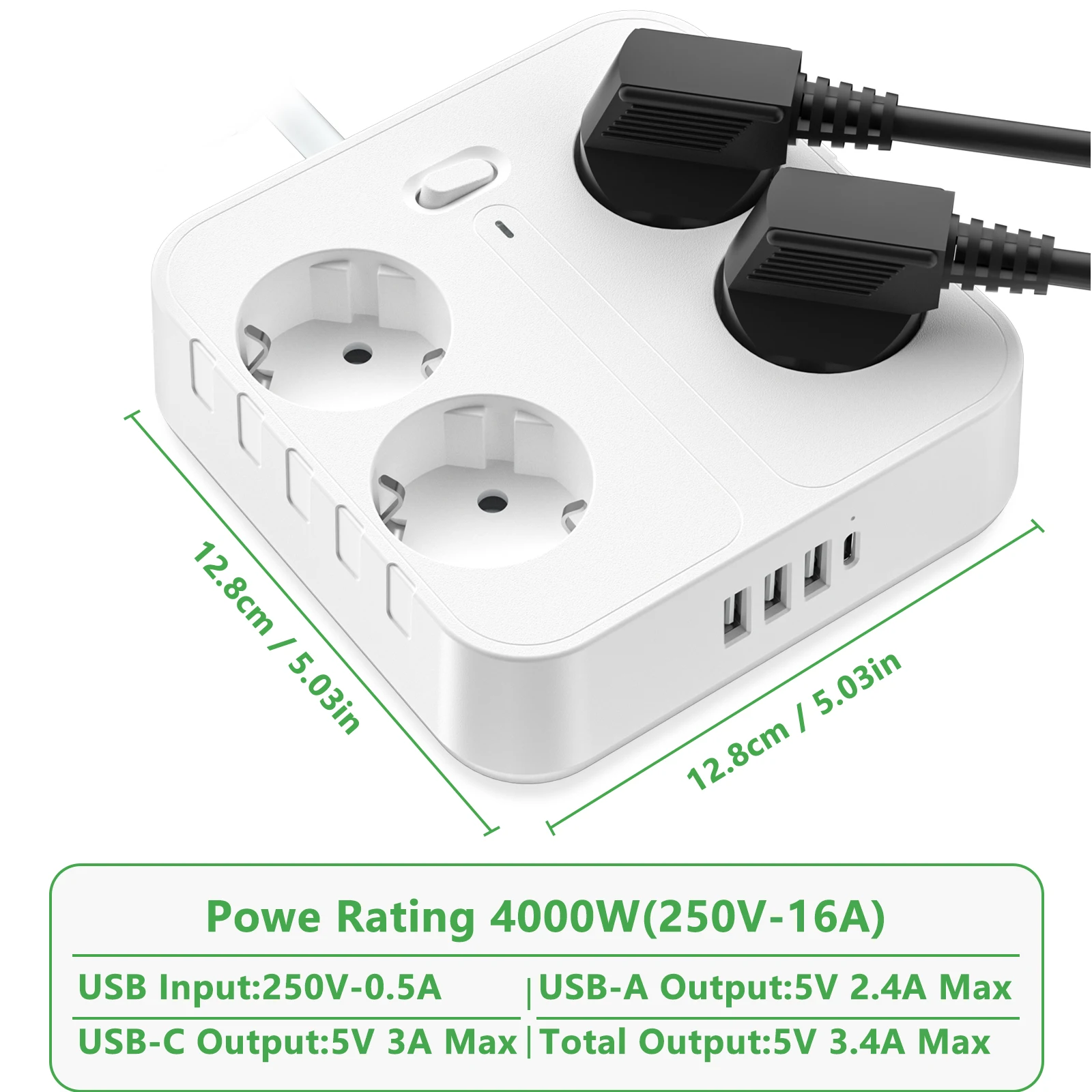 EU Plug Power Strip 4AC Outlets Multiple Socket Electrical with 3 USB 1 Type-C Network Filter Fast Charging 5CM Extension Cable