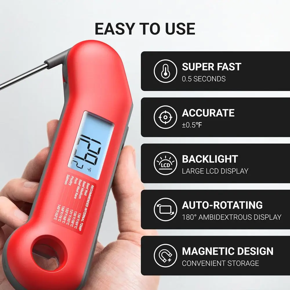Digital Meat Thermometer, Ultra-fast 0.5 Sec Read, NIST Certified ±0.5° Accuracy, IP67 Waterproof, Auto-Rotating Backlit Display
