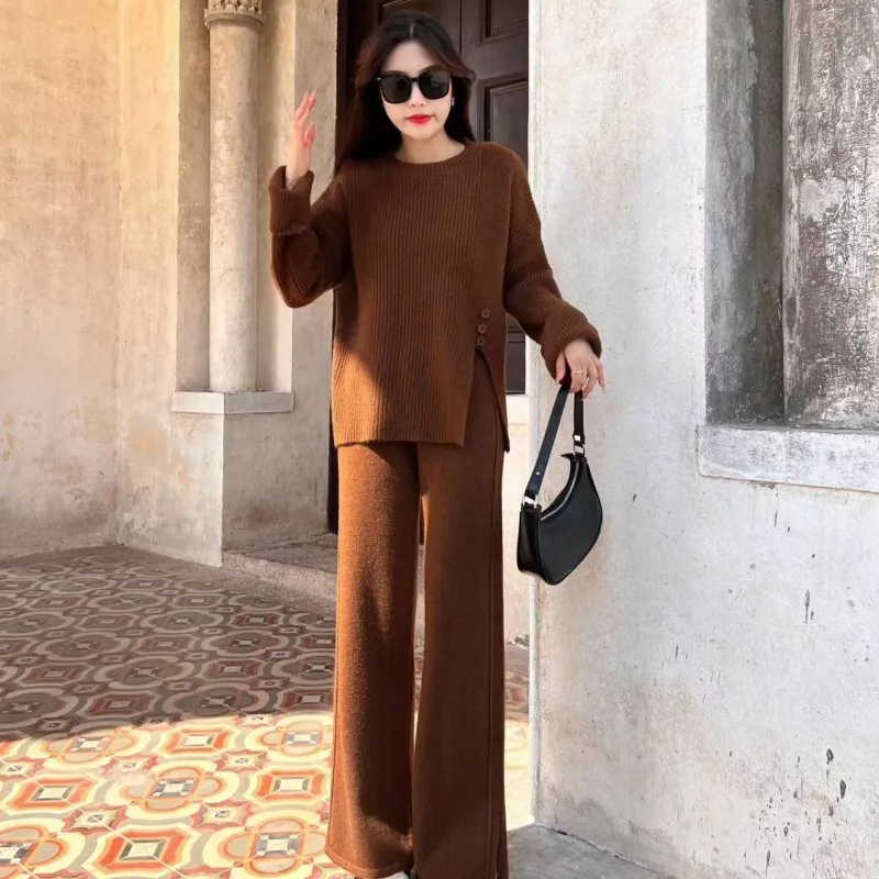 Casual Loose Solid Button Split Pullover+Elastic Waist Pants 2-piece Set Autumn/Winter Women's Suit New Korean Woman's Sets