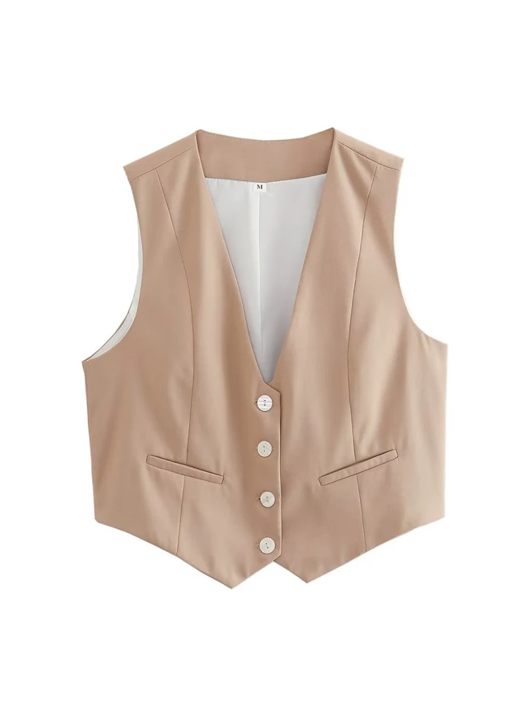 

V Neck Sleeveless Female Outerwear White Chic Vests New Vest Women Cropped Waistcoat Fashion Front Buttons Tops Vintage