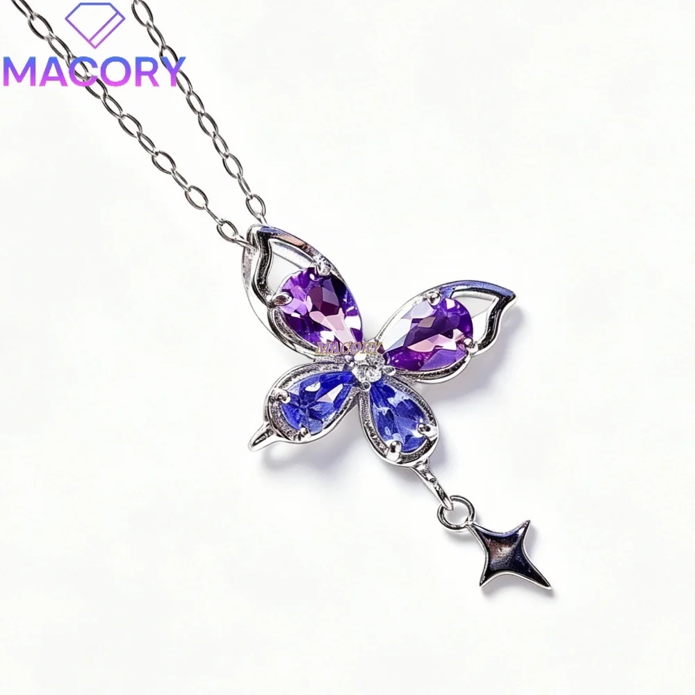 Natural tanzanite amethyst pendant necklace S925 sterling silver butterfly design delicate everyday wear Valentine's Day gift