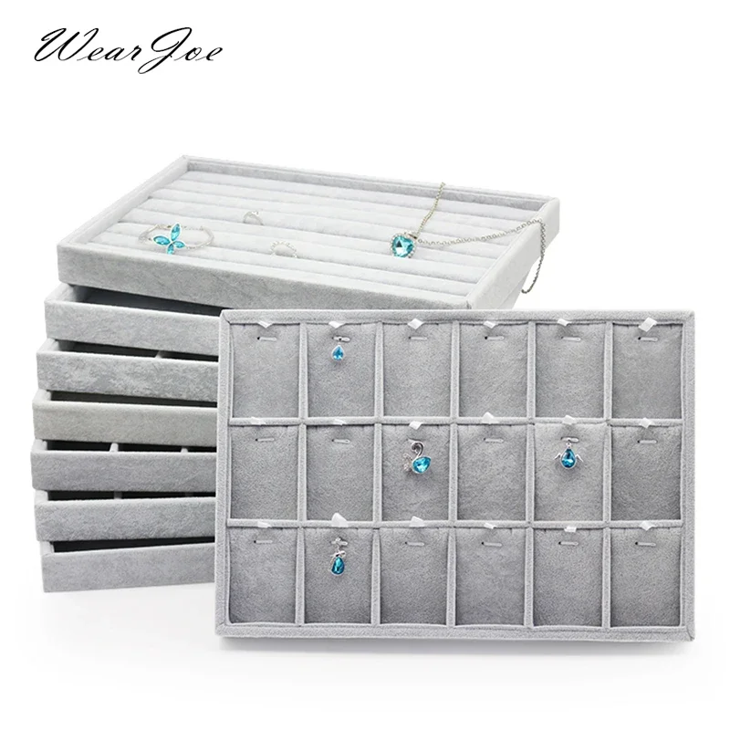 

Countertop Store Jewelry Display Tray Stackable Grey Velvet Storage Box Showcase Organizer Pendant Necklace Hooks Holder Tray