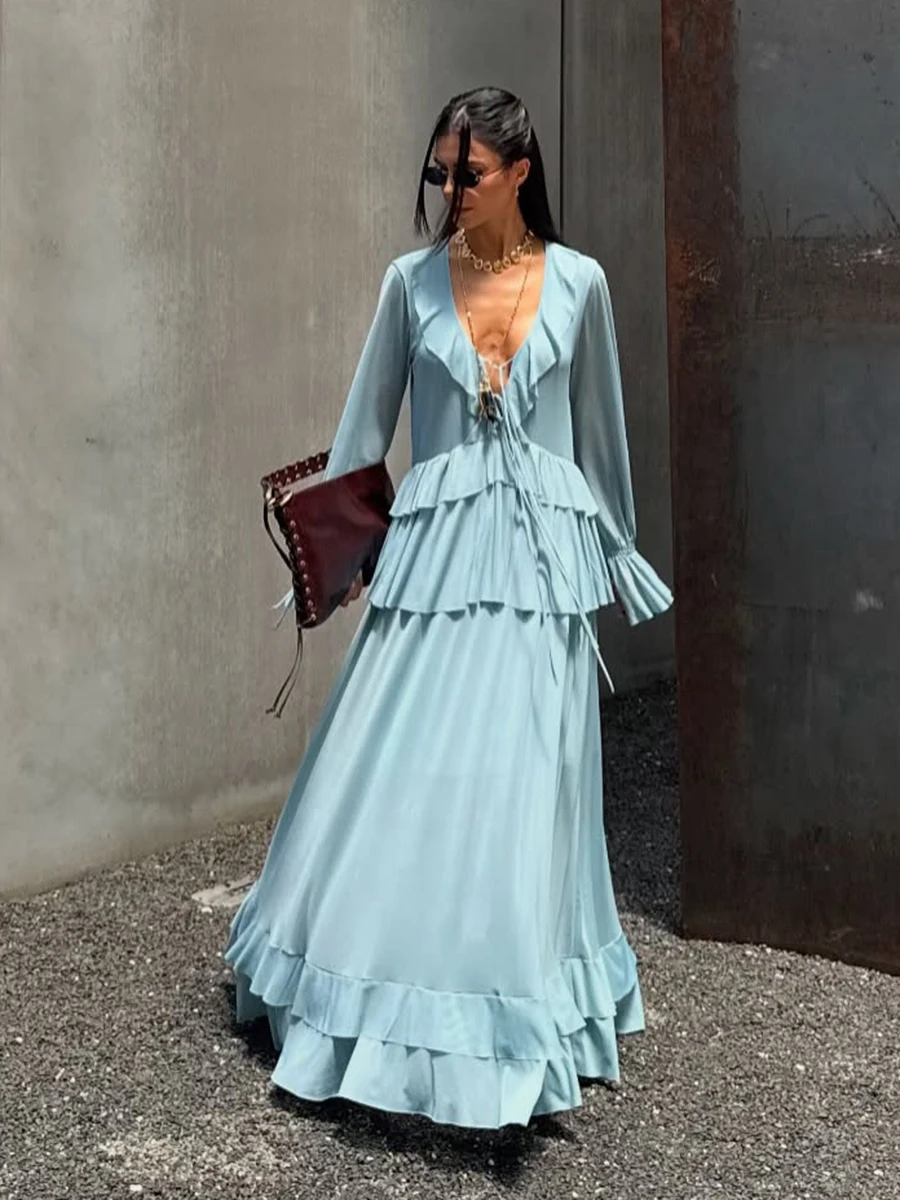 

Solid Loose Ruffle Long Skirt 2 Piece Set Women V Neck Lace-up Long Sleeve Tiered Blouse Summer Casual Simple Fashion Maxi Skirt