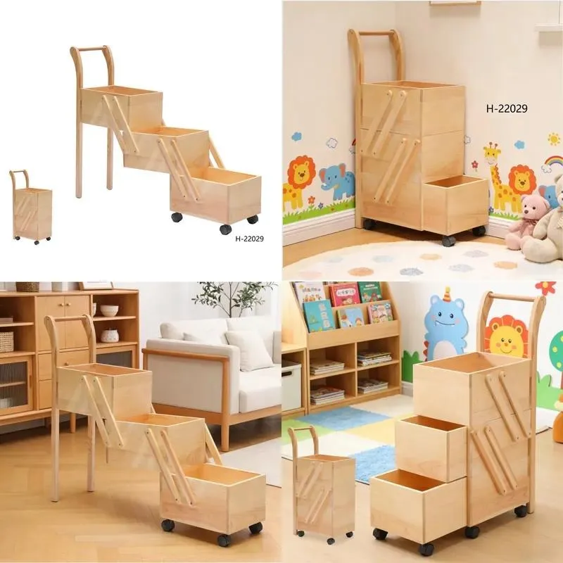 Pine three-layer foldable storage rack with wheels portable waterproof classic style storage rack