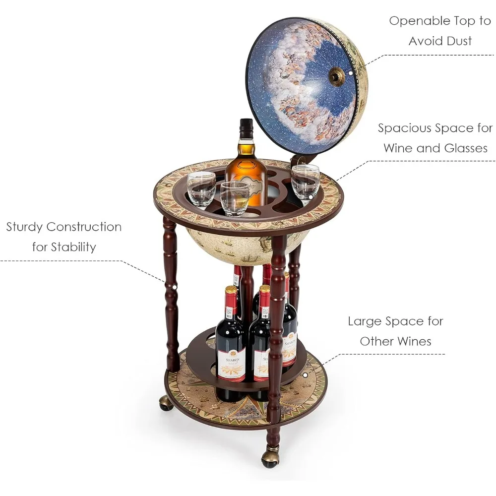 Réplica italiana de soporte para bar de vinos con globo del siglo XVII, gabinete de madera y ruedas para botellas de licor
