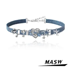 MASW Design originale Hip Hop Cool Style Star Heart Charm collana girocollo con cordino blu per donna ragazza regalo accessori fini