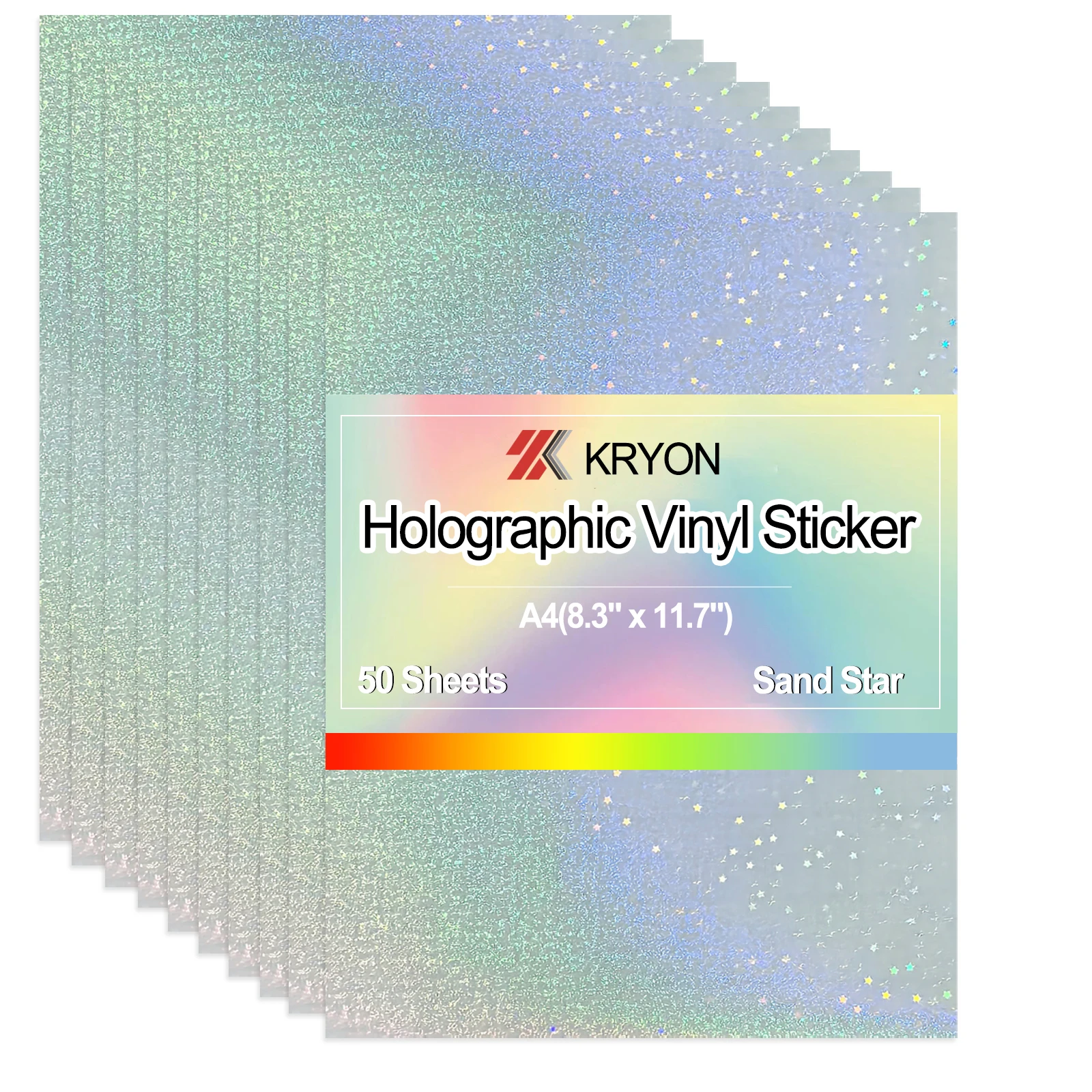 50 hojas-tamaño A4: 8,3x11,7 pulgadas, pegatina holográfica de estrella de arena, película laminada en frío, hoja de vinilo autoadhesiva