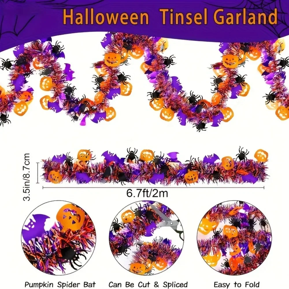 2/4M Schwarz-Orange Halloween-Girlande mit Kürbis-Ausschnitt, Gruselige Hängedekoration für Haustür, Outdoor-Halloween-Party-Zubehör – Detail 4