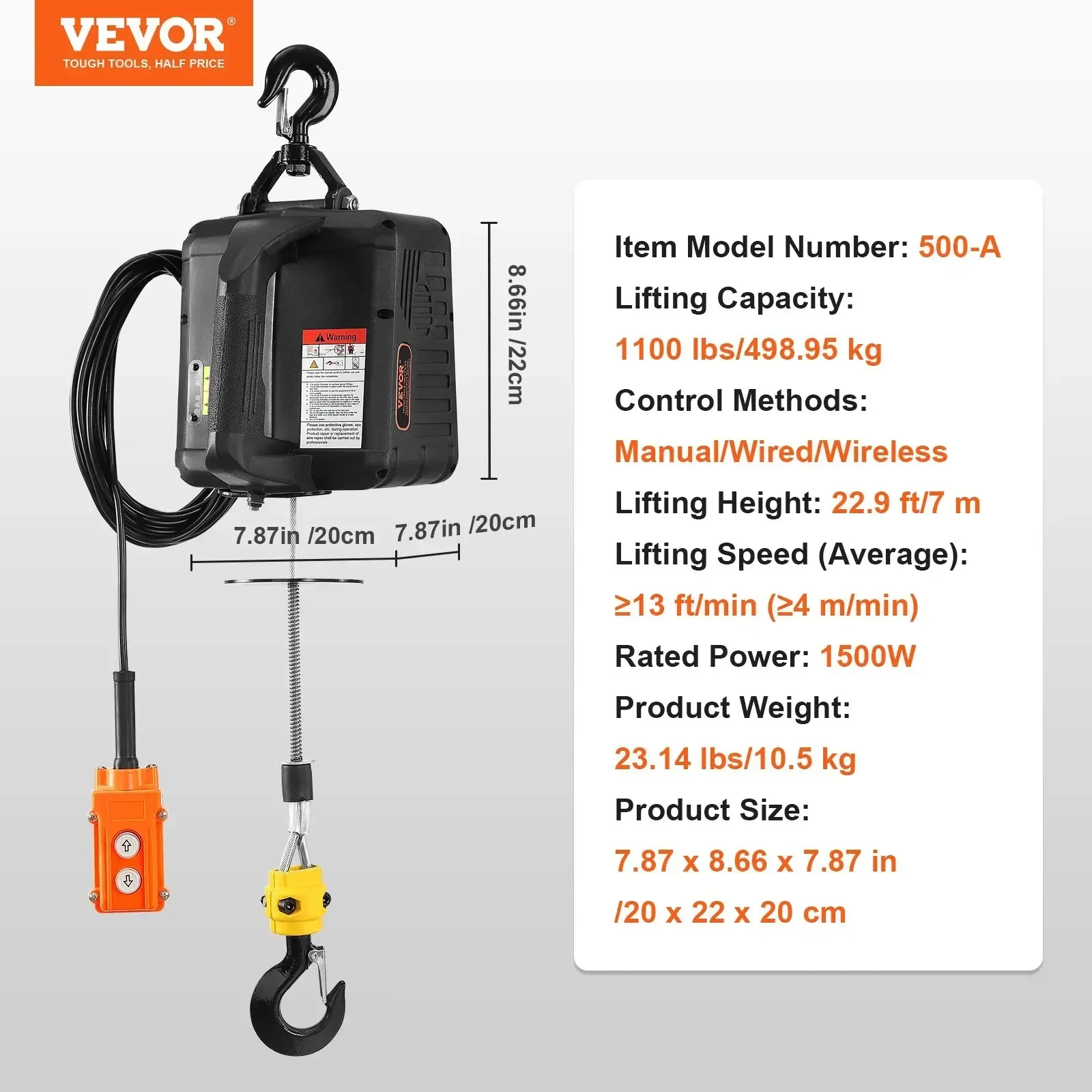 VEVOR 1100lbs 1500W elektryczna wciągarka wciągarka 3 w 1 przenośna wciągarka dźwig z bezprzewodowym pilotem do ochrony przed przeciążeniem