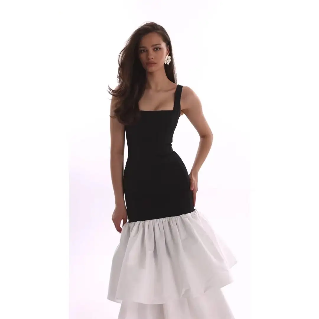 

Black Square Neck Prom Dresses 2025 Sleeveless Spaghetti-Strap Mermaid Multi-Layered Pleated Tea-Length Party Dresses Customized