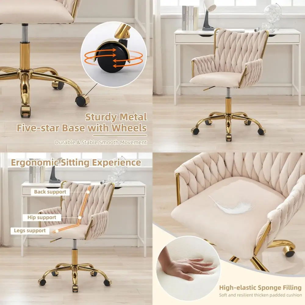

Бежевый вращающийся настольный стул с мягкой обивкой и колесами, современные золотые акценты, регулируемая высота для домашнего офиса, макияжа и маникюрного салона