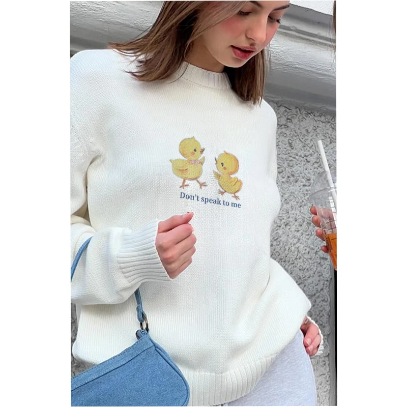 New Y2k Women Fashion Elegant O Neck Pullover Long Sleeve Cute Little Yellow Duck Pattern Print Knit Sweater Couple Casual Tops