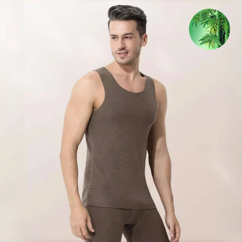 Men's Warm Vest Silk Wool Bamboo Fiber Solid Color Sleeveless Vest in Autumn and Winter Seamless Tops Heat Thermal Underwear