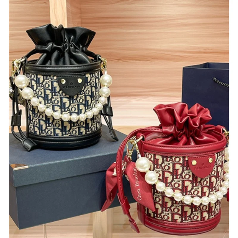 

2024Spring New Ladies Bucket Bag Net Red The Same Pearl Handbag Cylinder Bag Single Shoulder Crossbody Large Capacity Female Bag