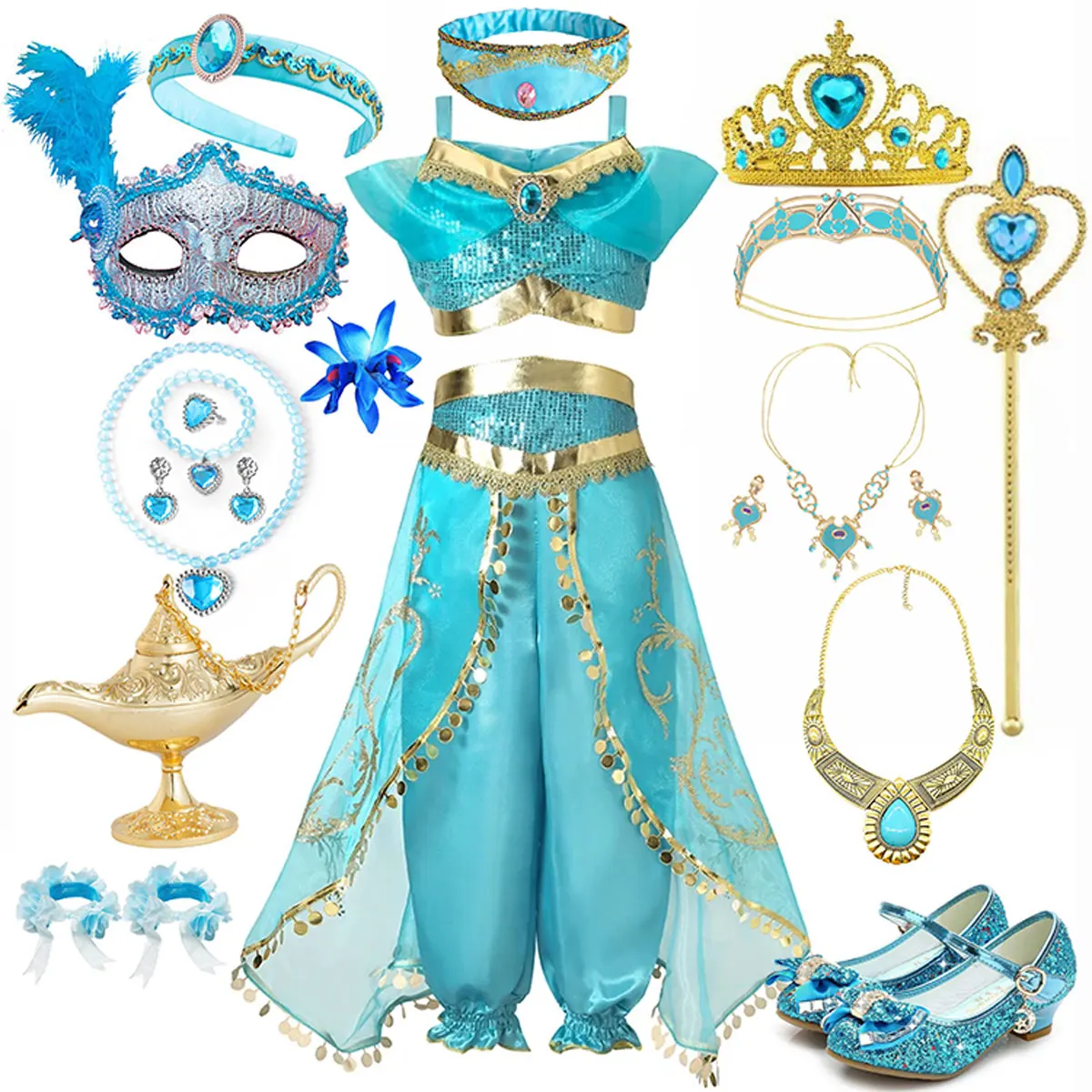 

Disney Jasmine Princess Dress for Girl Two-piece Set Birthday Party Carnival Cosplay Aladdin Agic Lamp Girls Costume Halloween