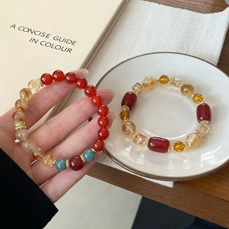 Chinese Style Lucky Wealth Attract Natural Citrine Red Agate Blue Water Jade Beaded Bracelet For Women Vintage Elegant Blessing
