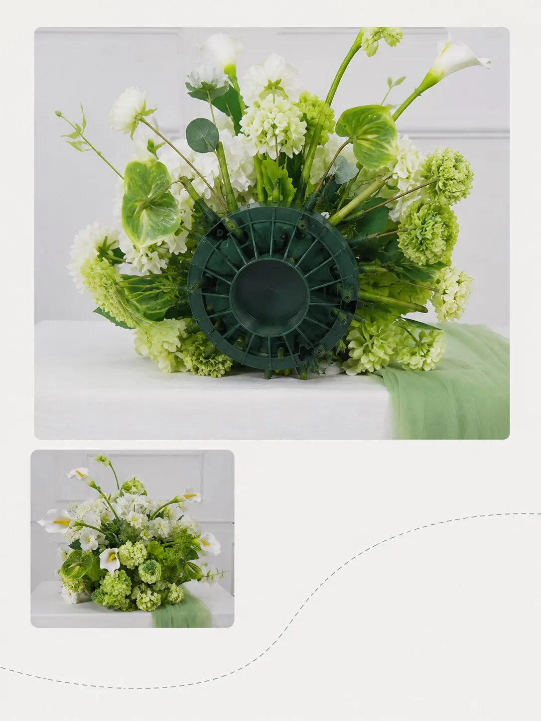 5D Künstliche grün-weiße Hortensien-Kallablumen-Arrangement Hochzeitstisch-Mittelstück Blumenball-Dekoration Gangführung-Requisiten – Detail 4