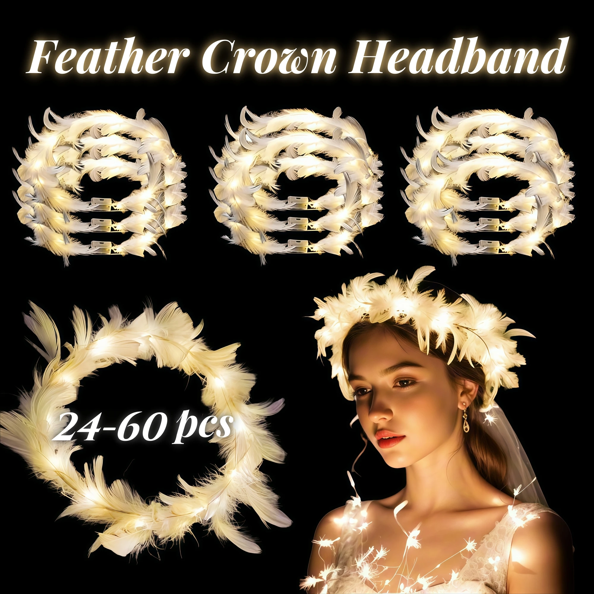 

24-60Pcs LED Feather Crown Headband LED Light Up Hair Accessories with 3 Light Modes for Wedding Festival Party Headdress Gifts