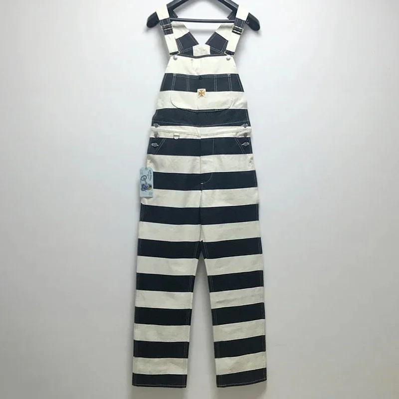 BOB DONG 16oz Cotton Canvas Prison Stripe Overalls Rugged Style Motorcycle Pants