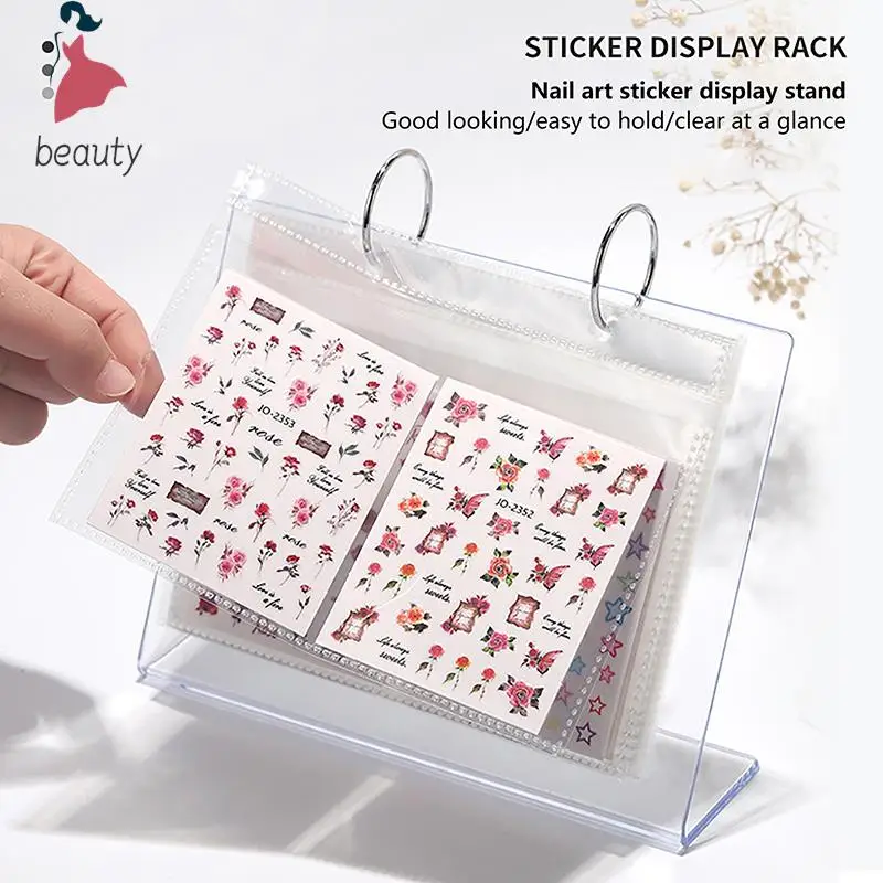 Plastic Nail Stickers Storage Book, Decalques Organizador, Display Holder, Ferramentas Manicure, Filme Transparente, Nail Art, 17 Páginas