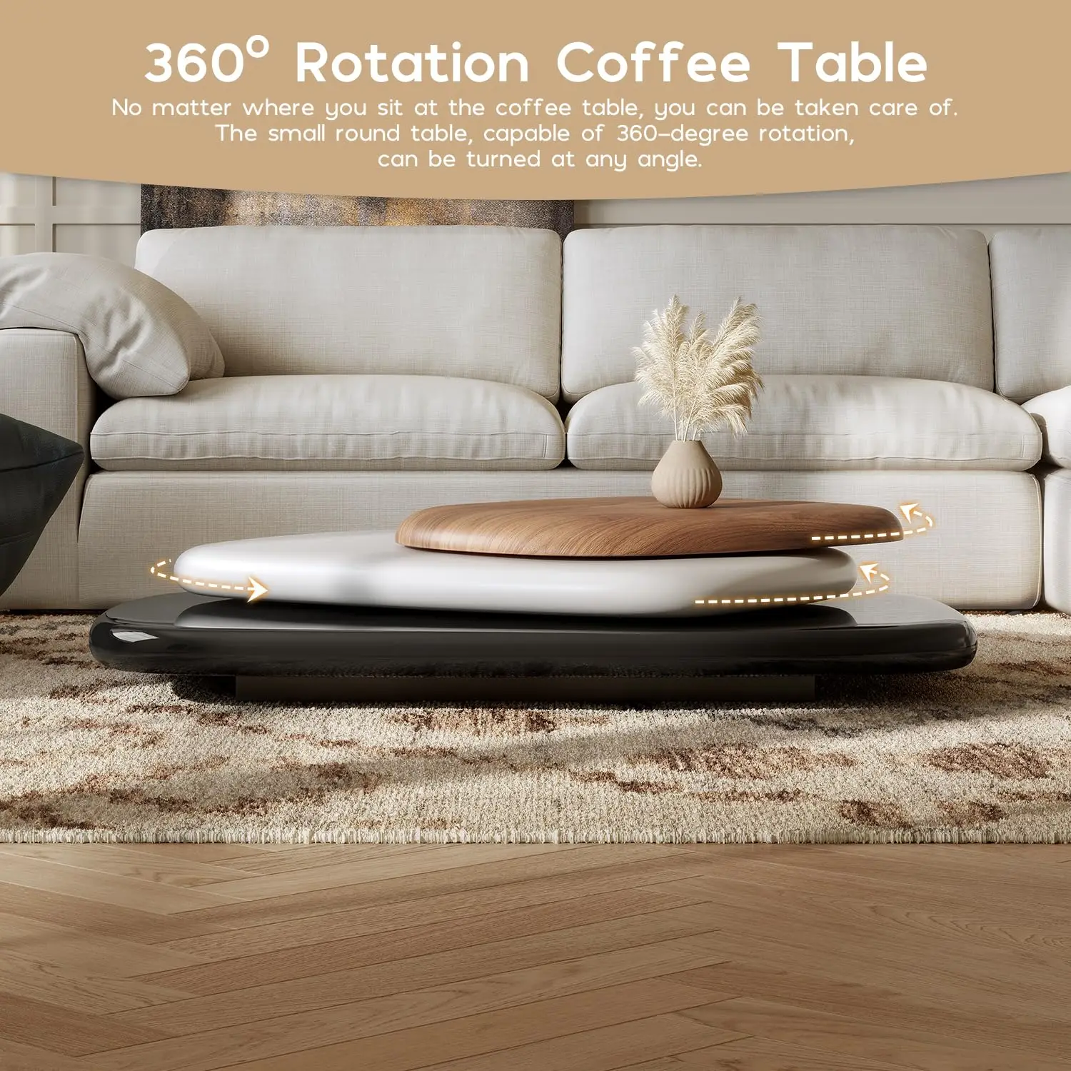 Mesa de Café Moderna Rotativa de Madeira para Sala de Estar, Mesa de Café de Madeira de 55,12" para Sala de Estar em Nogueira, Totalmente Personalizada