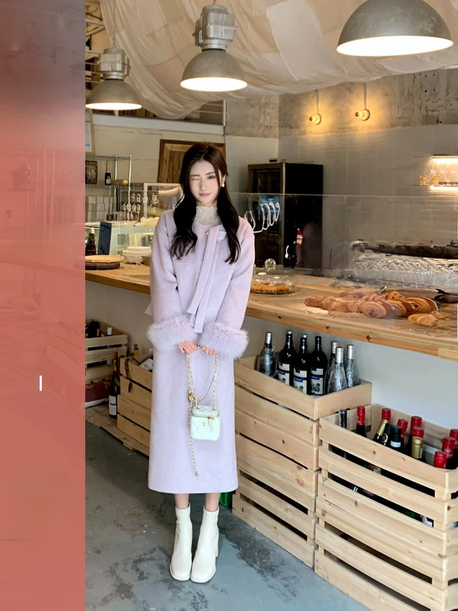 

Ele Winter Woolen Suit Set for Women Medium Length Two Piece Set Sophistied Outerwear And Skirt Ensemble