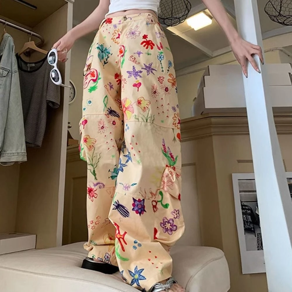 

Multi Pockets Baggy Cargo Pants Joggers Graffiti Y2k Wide Leg Pants Hip Hop Trousers Flower Printing Pants Women Sports