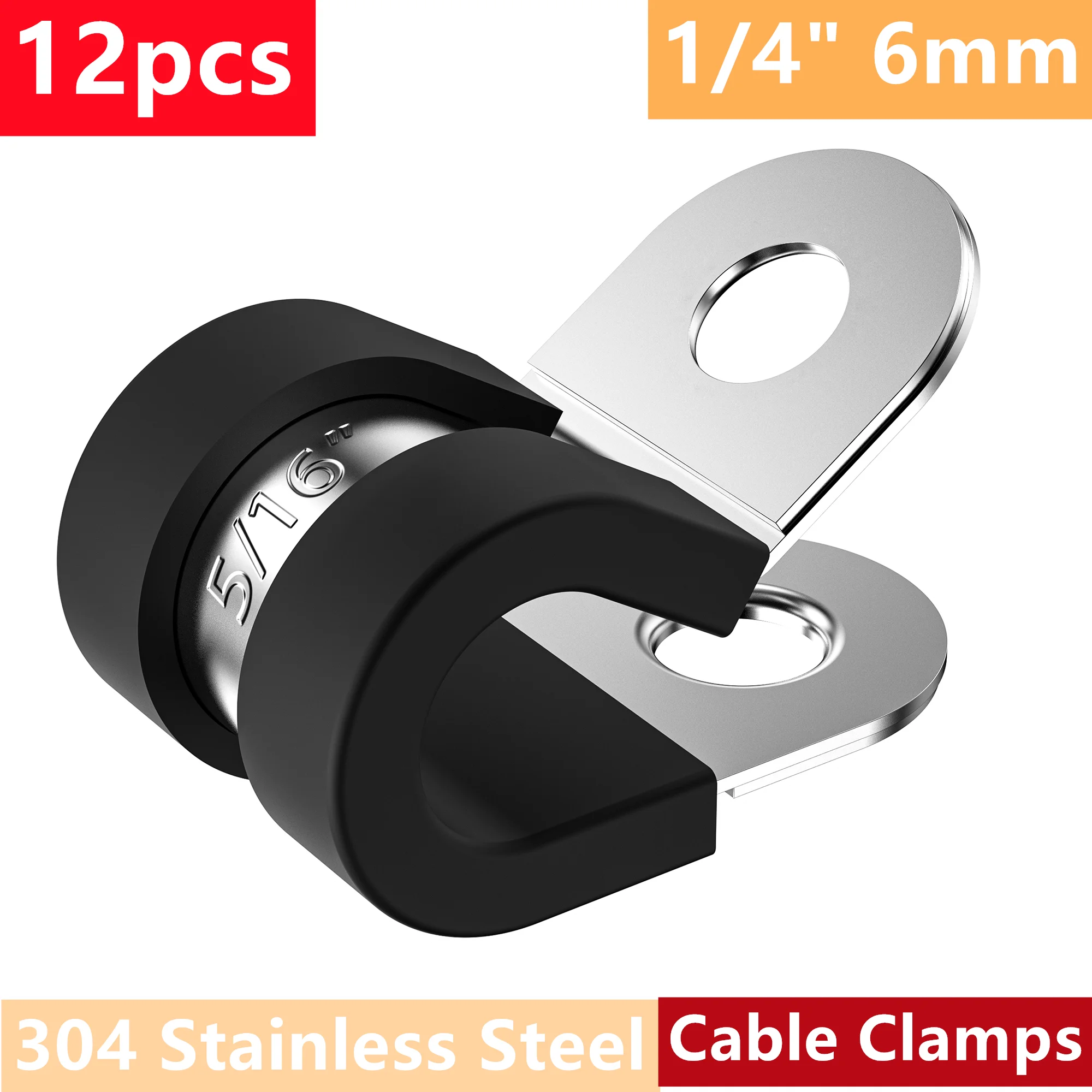 12Pcs 304 Stainless Steel Rubber Lined P Clip 1/4