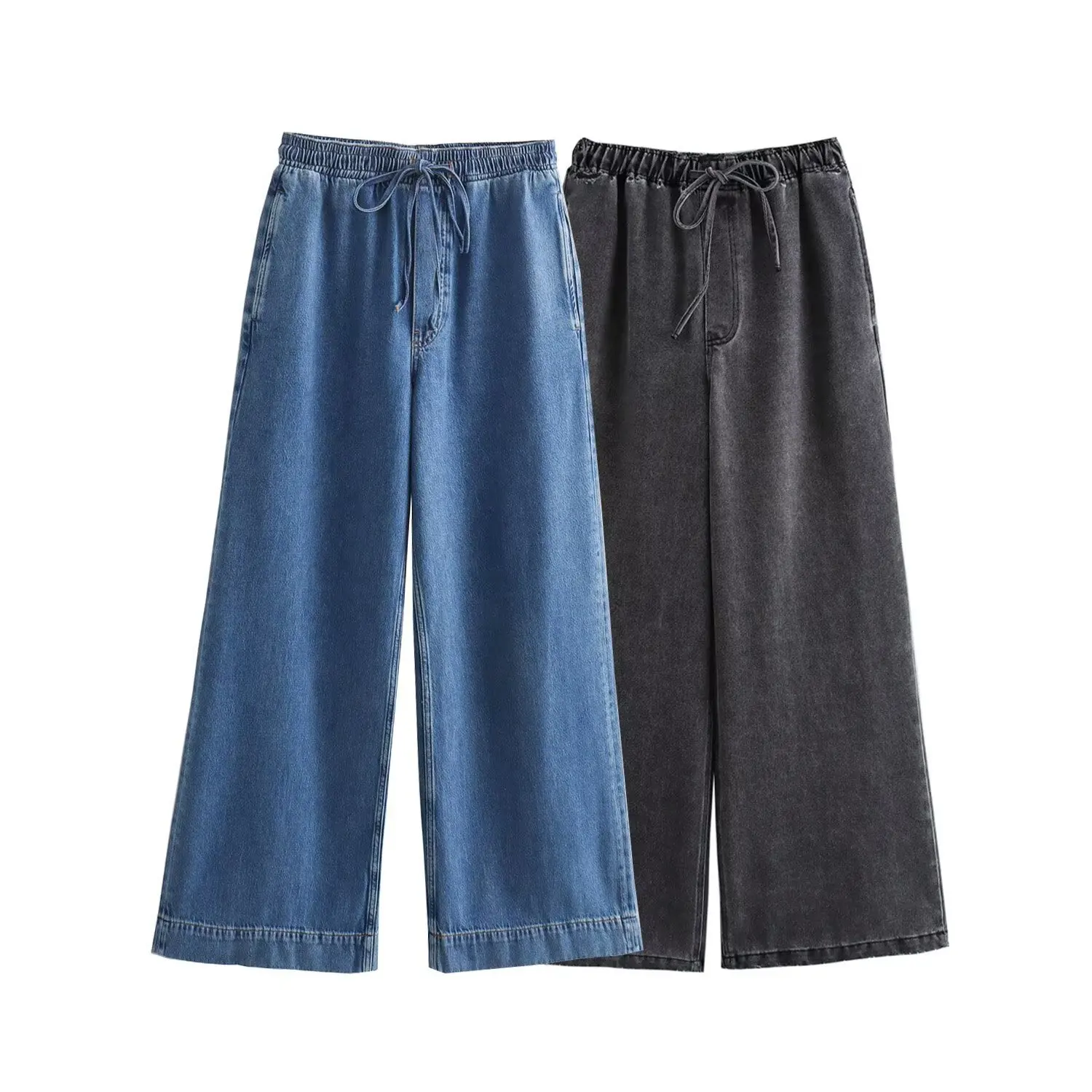 Autumn new women's washed blue denim loose shirt+wide leg jeans two-piece set