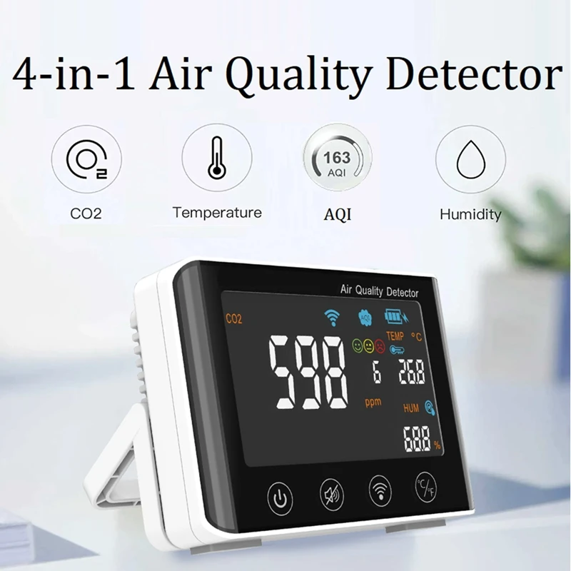 

CO2 Air Quality Monitor Wifi 4-In-1 Air Detector CO2 Temperature Humidity AQI For Home Office Grow Tent Wine Cellar Garage