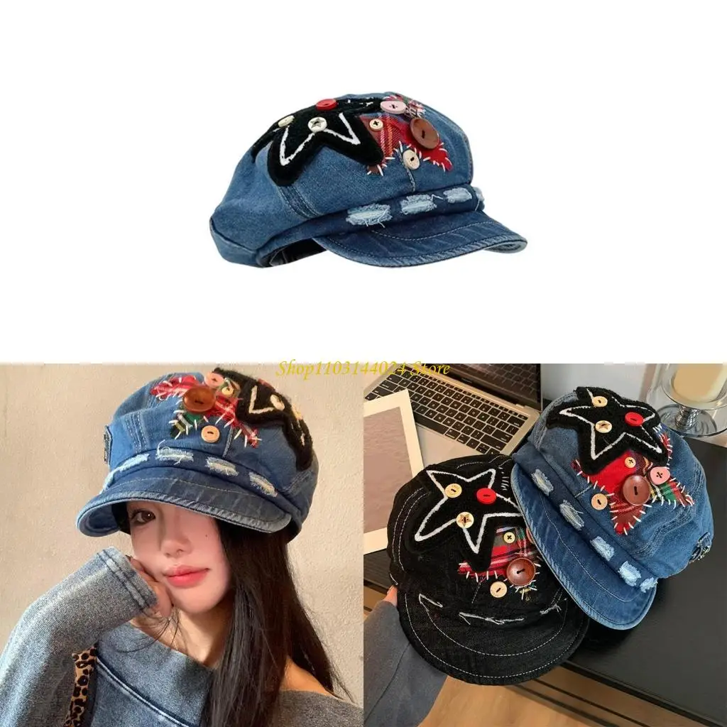 N5KE Fashion 2000s Cabbie Hat مع Button Star Newsboys Caps Caps Painter Hat