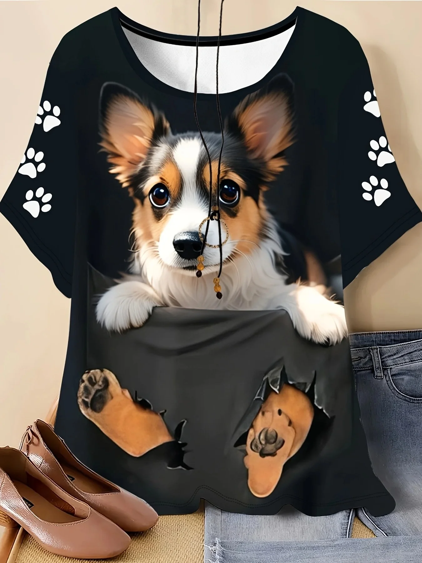 Women T‑Shirt 3D Cute Tri‑Color Corgi Puppy Break Through Bag Paw Print Dog Animal Short Sleeve Crew Neck Casual Tops