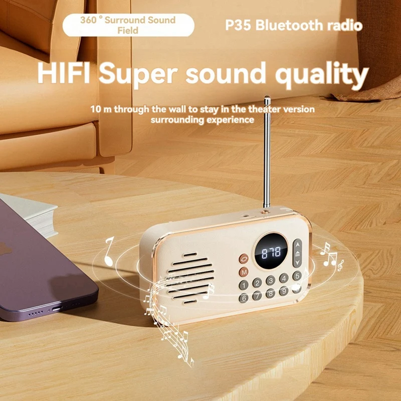 B34B-Portable FM Radio Rechargeable Small Wireless Bluetooth Speaker Surround Stereo Sound USB Vintage Radios