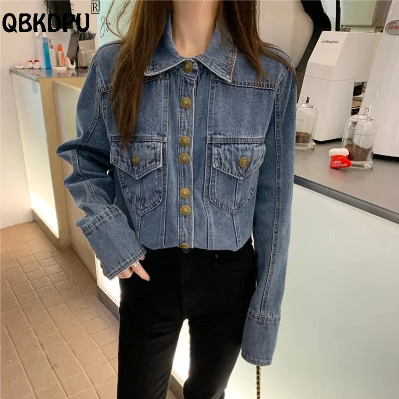 British Design Dark Blue Denim Shirt Women Chic Single-Breasted Vintage Blouses 2023 Spring Tops Long Sleeve Casual Jean Blusas