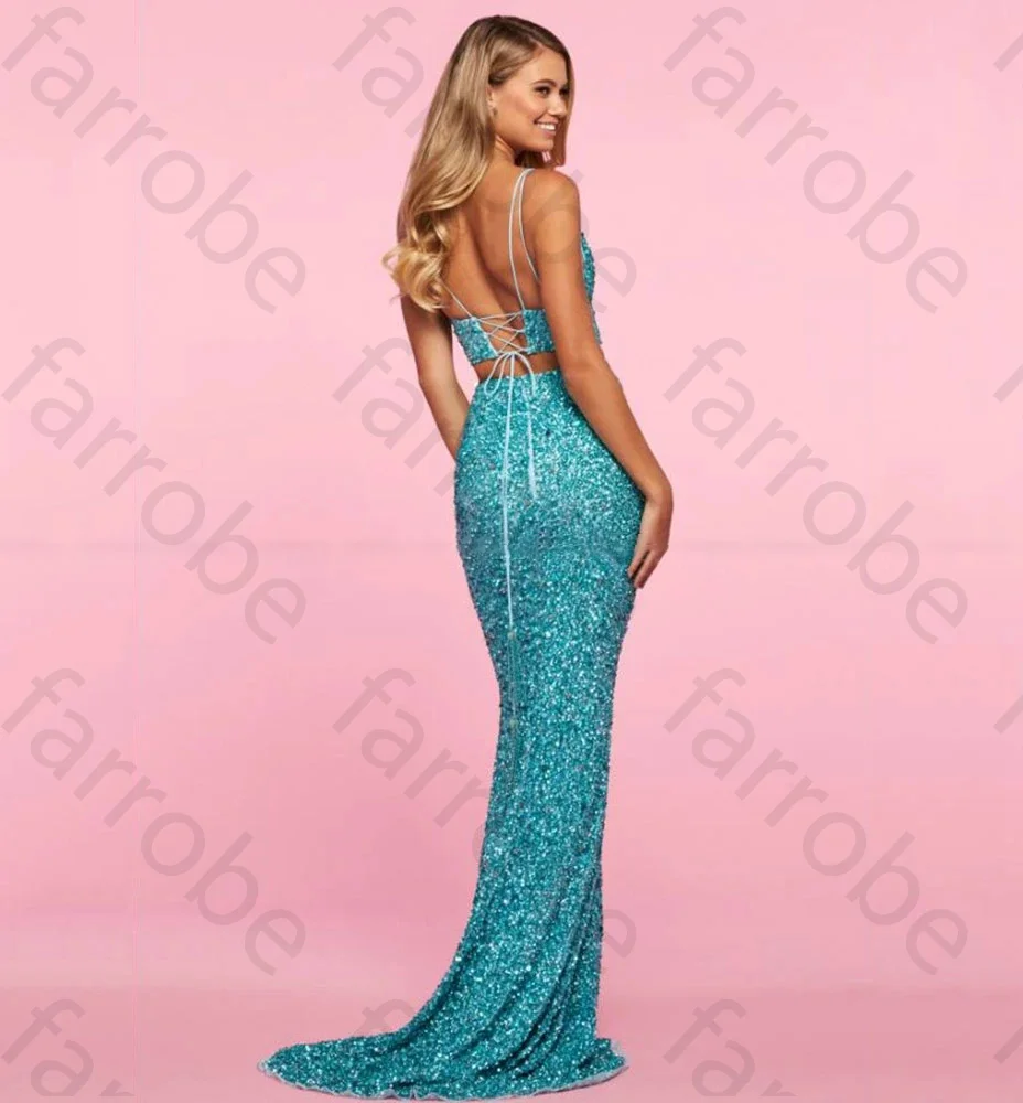 Vestidos de Noche personalizados de dos piezas, cuello en V, lentejuelas, tirantes finos, sirena, abertura lateral, espalda descubierta, vestidos largos formales para fiesta de graduación