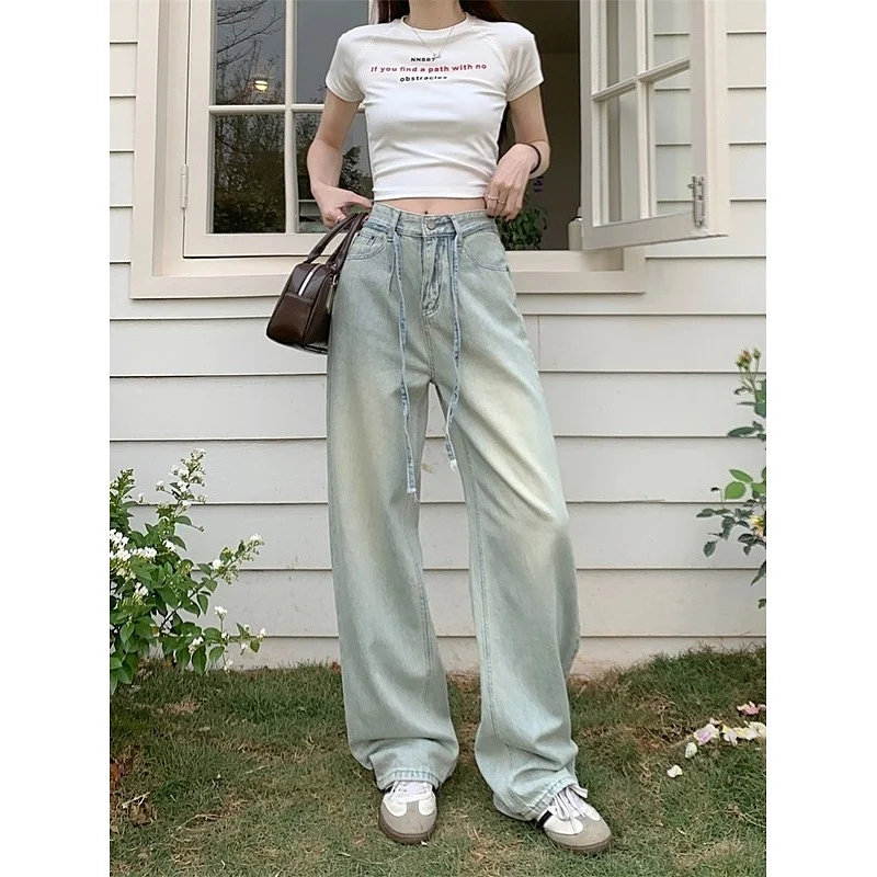 

Новинка 2024, широкие американские прямые джинсы с высокой талией, узкие джинсы, женские винтажные тонкие осенние длинные брюки длиной до пола