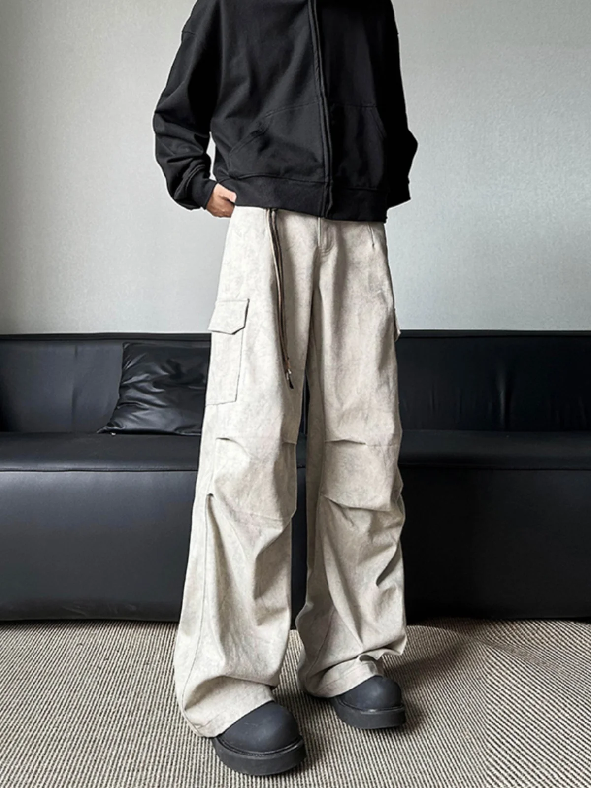 American Style Paratrooper Workwear Pants Men's Beige Straight Leg Loose Fit High Street Sensation Autumn Casual Trousers