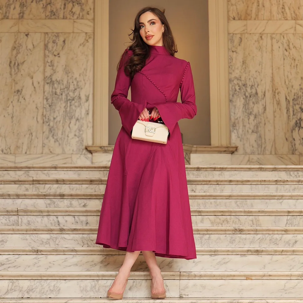 Fuchsia Evening Party Dresses for Women Long Sleeves A Line Midi Evening Gowns Tea Length High Collar Elegant Wedding Guest Gown
