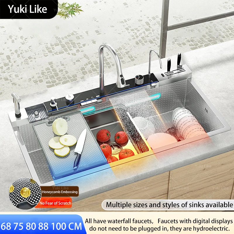 

Waterfall Stainless Steel Kitchen Sink Intelligent Digital Display Faucet Large Single Slot Dishwash Bowl Wash Vegetables Basin