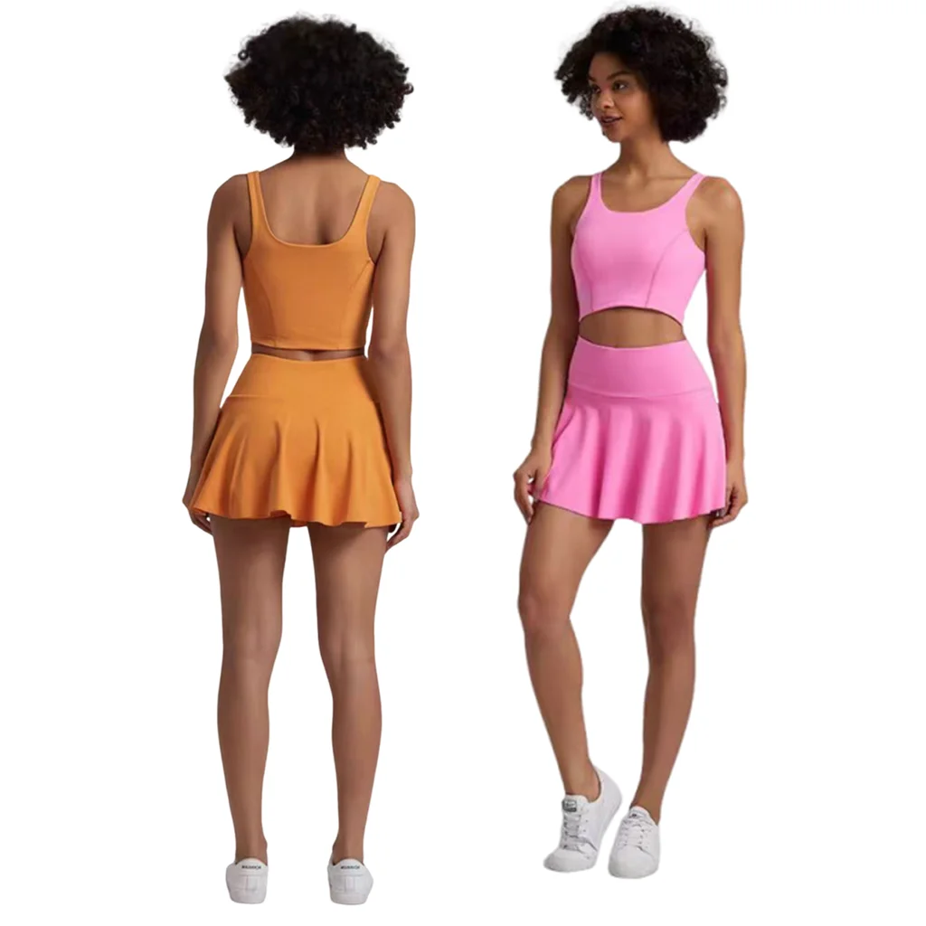 

Lemon Yoga Set 2 Piece Golf Outfit Women Tennis Bra Top Pleated Skirt with Shorts Pocket Gym Wear Summer Sport Badminton Workout