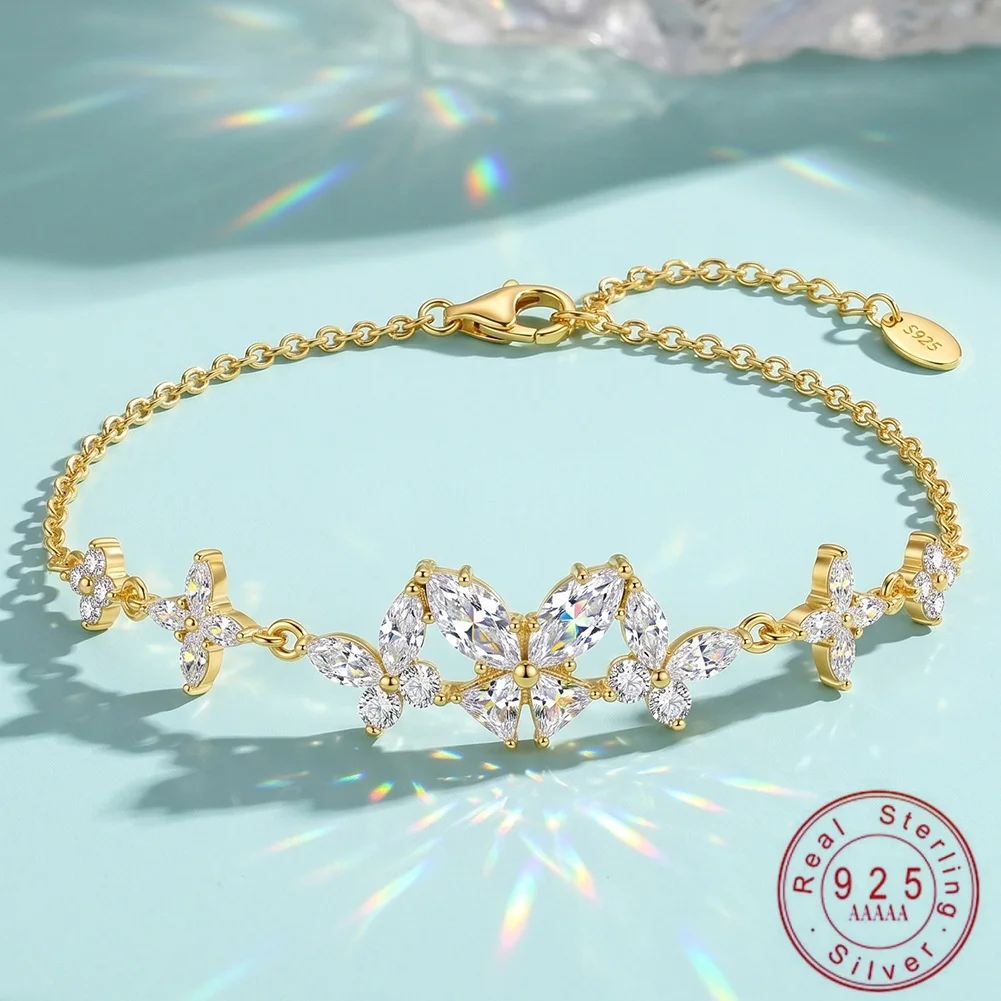D Color VVS1 Butterfly Moissanite Bracelet S925 Sterling Silver 14K Gold Plated Delicate Adjustable Link Chain Bracelet for Wome